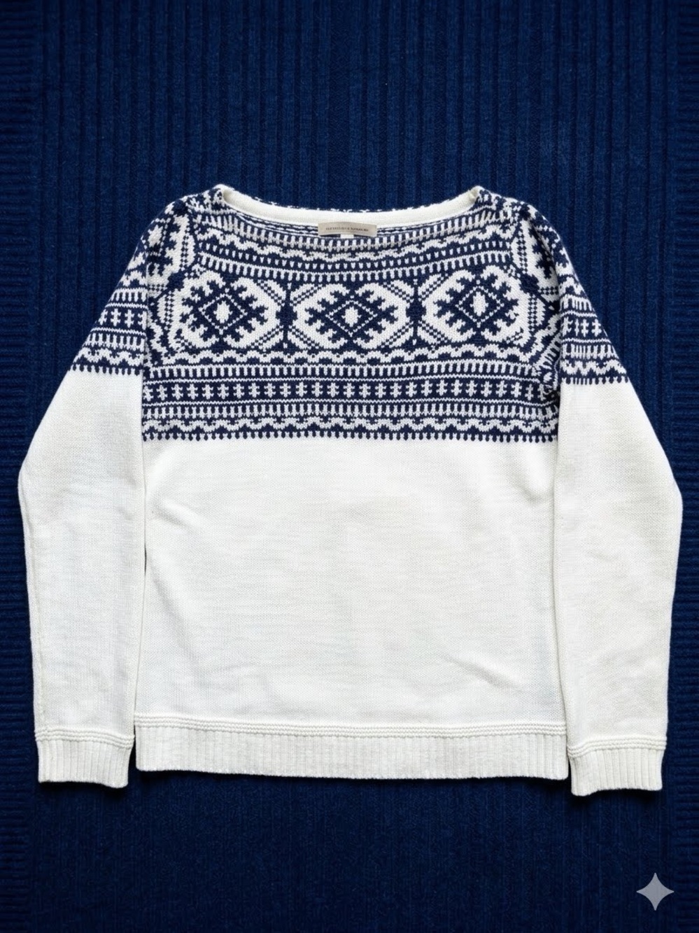 Lauren Ralph Lauren White Crewneck Sweater with Navy Fair Isle Yoke